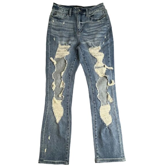 Judy Blue Womens Medium Wash High Rise Destroyed Knee Straight Fit Jeans 9/29 - Picture 2 of 9
